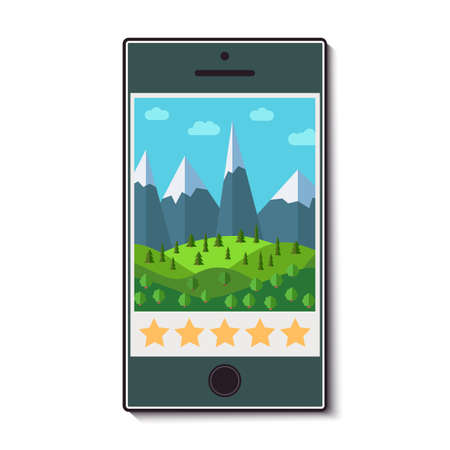 Mobile phone with a picture rated by five stars. Vector illustrationのイラスト素材