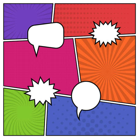 Colorful comic book page background in pop art style with empty speech bubbles. Template with rays and dots pattern. Vector illustrationのイラスト素材