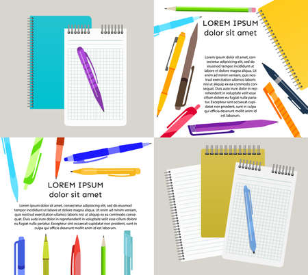 Set of four vector illustration with notebooks, pens and pencils.のイラスト素材