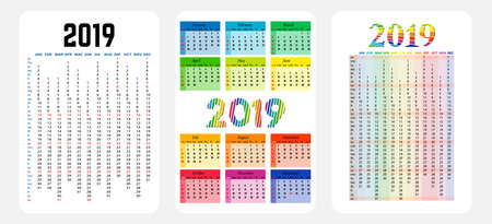 Set of three 2019 Calendars isolated on a white background. Sunday to Monday. Vector illustrationのイラスト素材