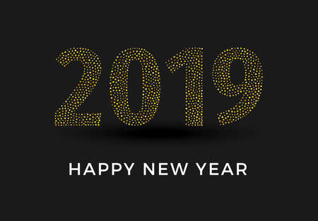 Inscription 2019 and Happy New Year isolated on black background. Vector illustration