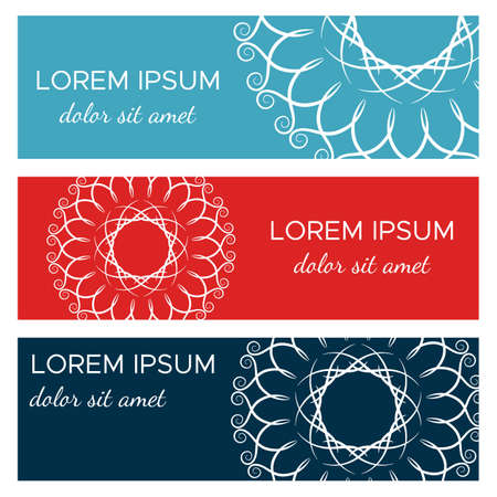 Set of abstract horizontal header banners with geometric circular elements and place for text. Colorful backgrounds for web design. Vector illustrationのイラスト素材