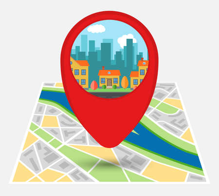 Map of an imaginary city with point on the map with houses in the background of skyscrapers. Vector illustration.のイラスト素材