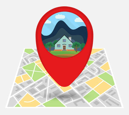 Map of an imaginary city with point on the map with a lonely house. Vector illustration.のイラスト素材