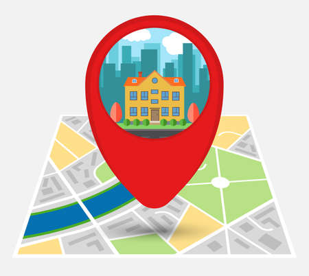 Map of an imaginary city with point on the map with a lonely house. Vector illustration.のイラスト素材