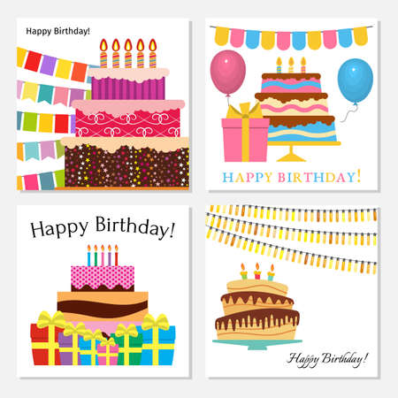 Set of four greeting cards with sweet cake for birthday celebration. Vector illustrationのイラスト素材
