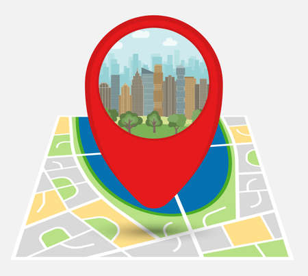 Map of an imaginary city with point on the map with skyscrapers and park. Vector illustration.のイラスト素材