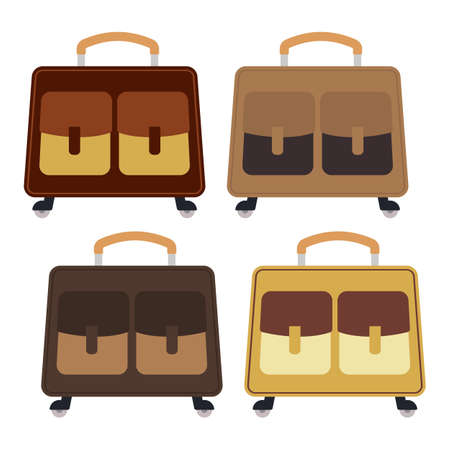 Set of four multicolored wheeled travel bag with luggage on white background. Suitcase for journey trip in flat style. Vector illustrationのイラスト素材