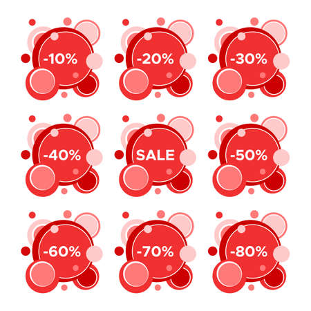 Set of nine sale stickers with different discount values. Sale label template. Vector illustrationのイラスト素材