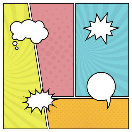 Colorful comic book page background in pop art style with empty speech bubbles. Template with rays and dots pattern. Vector illustrationのイラスト素材