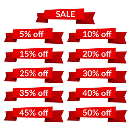 Set of red sale ribbons with different discount values. Sale label template. Vector illustrationのイラスト素材