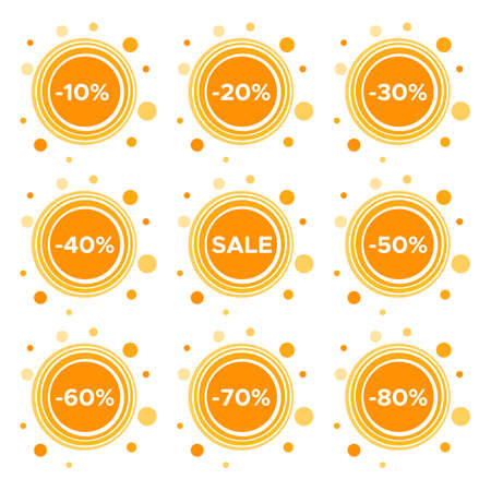 Set of nine sale stickers with different discount values. Sale label template. Vector illustration
のイラスト素材