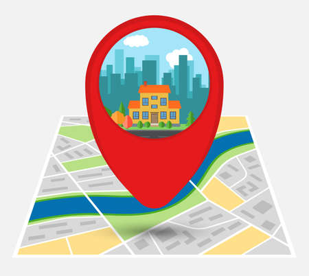 Map of an imaginary city with point on the map with house in the background of skyscrapers. Vector illustration.のイラスト素材