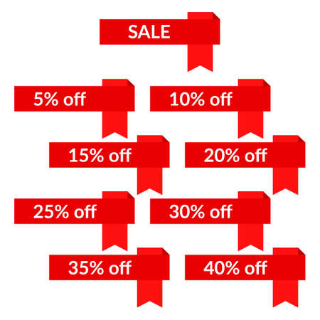 Set of red sale ribbons with different discount values. Sale label template. Vector illustrationのイラスト素材