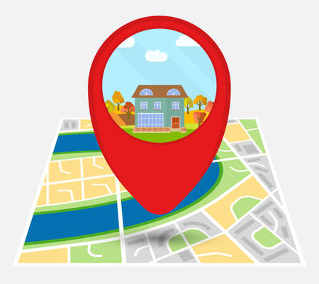 Map of an imaginary city with point on the map with a lonely house. Vector illustration.のイラスト素材