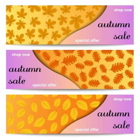 Autumn sale banners. Three autumn sale banners with yellow leaves. Vector illustration.のイラスト素材