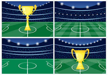 Set of four football stadiums with a golden cup on green grass. Soccer field for playing. Vector illustrationのイラスト素材