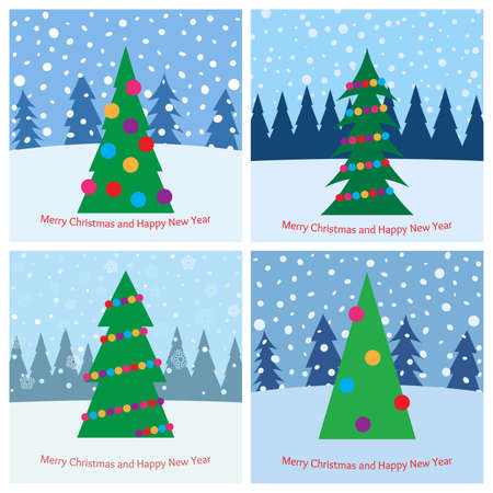 Set of four Christmas tree with bright toys in the forest in snowy weather. Vector illustrationのイラスト素材