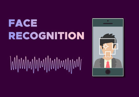 Face recognition. Mobile phone with program of face recognition on the screen. Vector illustration.のイラスト素材