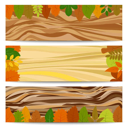 Autumn banners. Three autumn banners with yellow leaves on a wooden table. Vector illustration.のイラスト素材