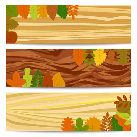 Autumn banners. Three autumn banners with yellow leaves on a wooden table. Vector illustration.のイラスト素材