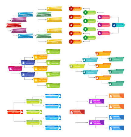 Set of six colorful business structure concept, corporate organization chart scheme with people icons. Vector illustration.のイラスト素材
