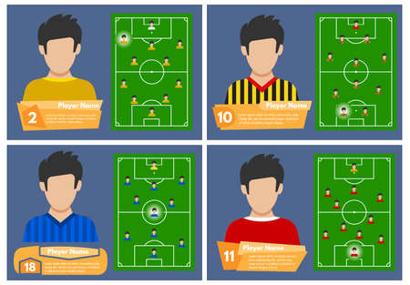 Set of four football players with a position on the field where they play. Soccer field for playing. Vector illustrationのイラスト素材