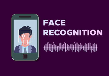 Face recognition. Mobile phone with program of face recognition on the screen. Vector illustration.のイラスト素材