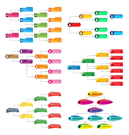 Set of six colorful business structure concept, corporate organization chart scheme with people icons. Vector illustration.のイラスト素材