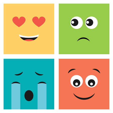 Set of four colorful emoticons with smiling love, surprised  joyful, crying and dissatisfied faces. Emoji icon in square. Flat background pattern. Vector illustrationのイラスト素材