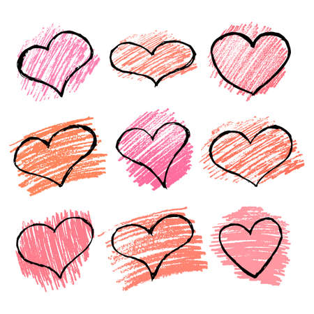 Set of nine Sketch Scribble Hearts on red background. Hand drawn Pencil Scribble Hearts. Vector illustrationのイラスト素材