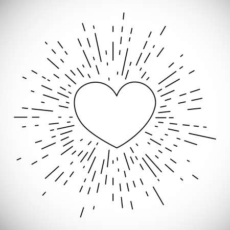 Heart with Hand Drawn Vintage Bursting Rays. Retro Design Element. Vector illustrationのイラスト素材