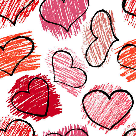 Seamless pattern with red hand drawn hearts. Vector illustration