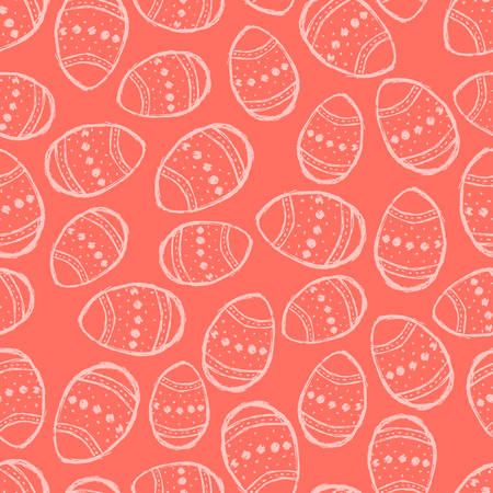 Seamless pattern with hand drawn Easter eggs on a live coral background. Vector illustrationのイラスト素材