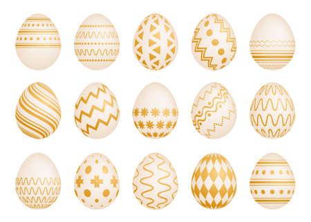 Set of Fifteen Easter eggs with gold texture on a white background. Vector illustrationのイラスト素材