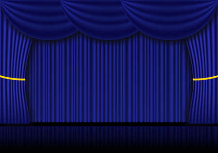 Blue curtain opera, cinema or theater stage drapes. Spotlight on closed velvet curtains background. Vector illustrationのイラスト素材