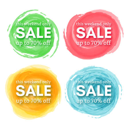 Set of Four Sale this weekend only up to 70 off sign with shadow over red watercolor spot. Vector illustration.のイラスト素材