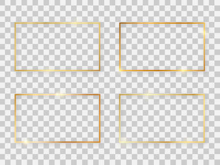 Set of four gold shiny 16x9 rectangular frames with glowing effects and shadows on transparent background. Vector illustrationのイラスト素材