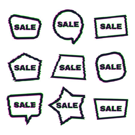 Set of nine geometric shapes and sale banners with glitch effect. Distortion frames on white background. Vector illustrationのイラスト素材