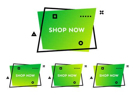 Shop now. Set of four green geometric trendy banners.  Modern gradient shape with promotion text. Vector illustration.のイラスト素材