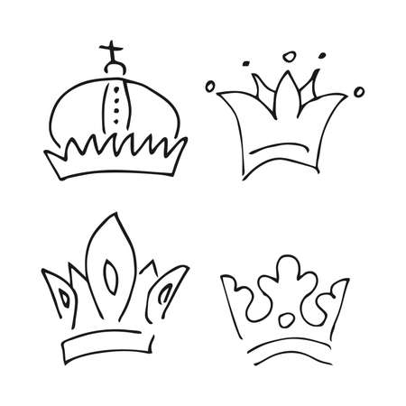 Hand drawn crowns. Set of four simple graffiti sketch queen or king crowns. Royal imperial coronation and monarch symbols. Black brush doodle isolated on white background. Vector illustration.のイラスト素材