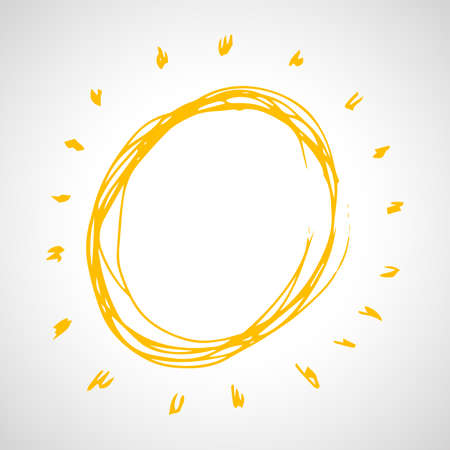 Hand drawn sun. Simple sketch sun. Solar symbol. Yellow  doodle isolated on white background. Vector illustration.のイラスト素材