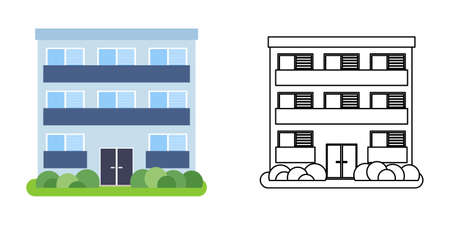 House front view in flat and line style on white background. Isolated cottage and real estate building facade. Vector illustrationのイラスト素材