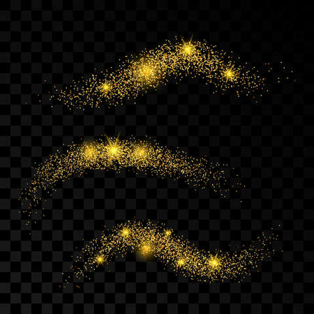 Light wave with gold glitter effect on a dark transparent background. Set of three abstract swirl lines. Vector illustrationのイラスト素材