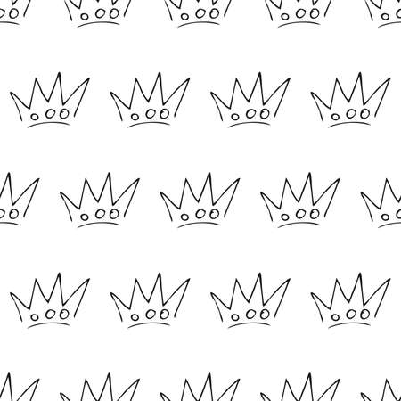 Hand drawn crowns. Seamless pattern of simple graffiti sketch queen or king crowns. Royal imperial coronation and monarch symbols. Black brush doodle isolated on white background. Vector illustration.のイラスト素材