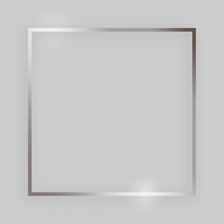 Shiny frame with glowing effects. Silver square frame with shadow on grey background. Vector illustrationのイラスト素材