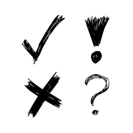 Hand drawn check, cross, question mark and exclamation mark symbols. Set of four black sketch symbols. Vector illustration のイラスト素材