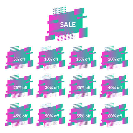 Set of sale banners on the modern gradient shape. Geometric trendy banners with discounts of five to sixty percent.  Modern gradient shape with promotion text. Vector illustration.のイラスト素材