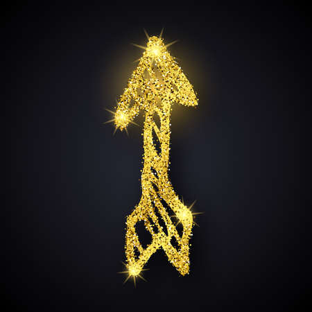 Gold glitter hand drawn arrow. Doodle arrow with gold glitter effect on dark background. Vector illustrationのイラスト素材