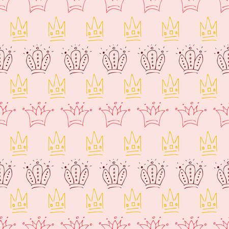 Hand drawn crowns. Seamless pattern of simple graffiti sketch queen or king crowns. Royal imperial coronation and monarch symbols. Colorful brush doodle isolated on coral background. Vector illustration.のイラスト素材